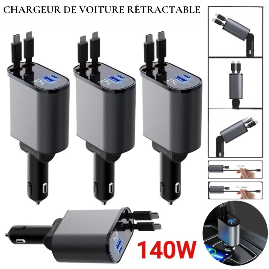 Chargeur de voiture rétractable 4 en 1 filaire 120W